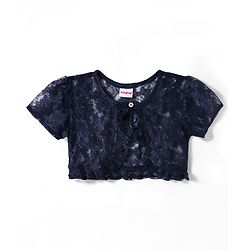 Babyhug Cotton Woven Frock & Half Sleeves Shrug With Polka Dot Print & Bow Applique - Navy Blue