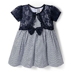 Babyhug Cotton Woven Frock & Half Sleeves Shrug With Polka Dot Print & Bow Applique - Navy Blue