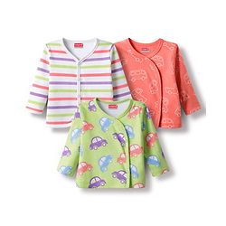 Babyhug 100% Cotton Knit Full Sleeves Striped Jhablas with Car Print Pack of 3 - Coral Light Green & White