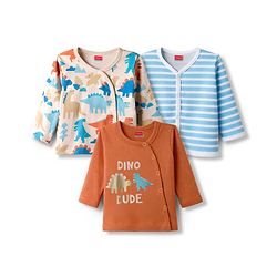 Babyhug 100% Cotton Knit Full Sleeves Jhablas with Dino Print & Stripes Pack of 3 - Multicolor