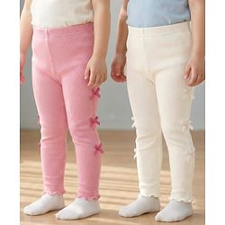 Babyhug Cotton Lycra Knit Full Length Solid Color Leggings with Bow Pack of 2 - Pink & White