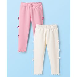 Babyhug Cotton Lycra Knit Full Length Solid Color Leggings with Bow Pack of 2 - Pink & White