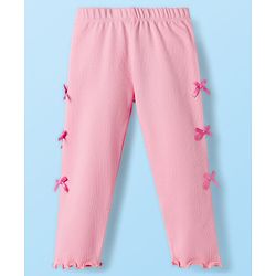 Babyhug Cotton Lycra Knit Full Length Solid Color Leggings with Bow Pack of 2 - Pink & White