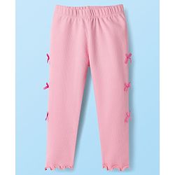 Babyhug Cotton Lycra Knit Full Length Solid Color Leggings with Bow Pack of 2 - Pink & White
