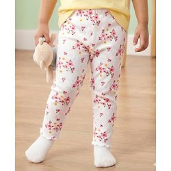 Babyhug Cotton Lycra Knit Full Length Leggings With Floral Print - White