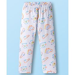 Babyhug Cotton Knit Full Sleeves Co-ords Night Suit With Cat Print - White