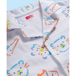 Babyhug Cotton Knit Full Sleeves Co-ords Night Suit With Cat Print - White