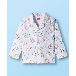 Babyhug Cotton Knit Full Sleeves Co-ords Night Suit With Cat Print - White