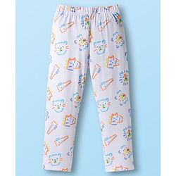 Babyhug Cotton Knit Full Sleeves Co-ords Night Suit With Cat Print - White