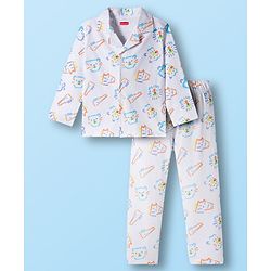 Babyhug Cotton Knit Full Sleeves Co-ords Night Suit With Cat Print - White