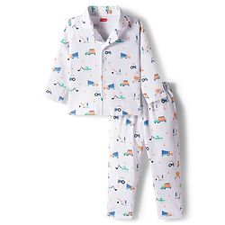 Babyhug Cotton Knit Full Sleeves Co-ords Night Suit With Vehicle Print - White