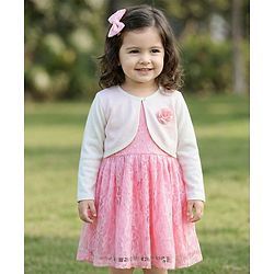 Babyhug Cotton Woven Frock & Full Sleeves Shrug With Floral Applique