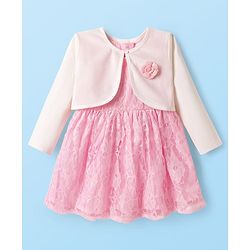 Babyhug Cotton Woven Frock & Full Sleeves Shrug With Floral Applique