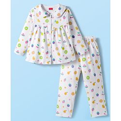 Babyhug Cotton Knit Full Sleeves Co-ords Night Suit With Floral Print - White