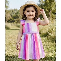 Babyhug Cotton Woven Sleeveless Striped Frock With Belt - Multicolor