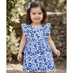 Babyhug Knit Frill Sleeves Frock With Floral Print - White