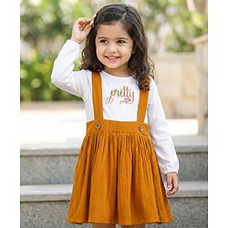 Babyhug Knit Full Sleeves Frock With Text Patch - Mustard & White