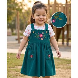 Babyhug Cotton Woven Frock & Half Sleeves Inner Tee With Floral Print & Embroidery - Olive Green