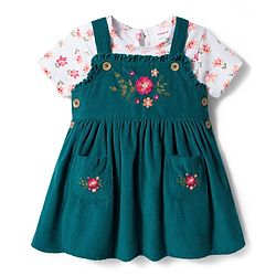Babyhug Cotton Woven Frock & Half Sleeves Inner Tee With Floral Print & Embroidery - Olive Green