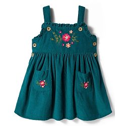 Babyhug Cotton Woven Frock & Half Sleeves Inner Tee With Floral Print & Embroidery - Olive Green