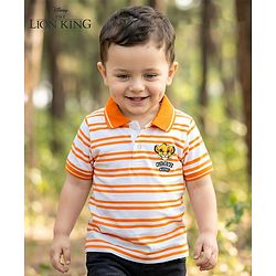Babyhug Disney Single Jersey Knit Half Sleeves Striped Polo T-Shirt with Simba Graphic - Multicolor