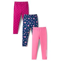 Babyhug Cotton Lycra Knit Full Length Leggings With Floral & Polka Dot Print Pack of 3 - Navy Blue Light & Dark Pink