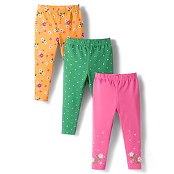 Babyhug Cotton Lycra Knit Full Length Leggings With Polka Dot & Floral Print Pack Of 3 - Pink Green & Fuschia