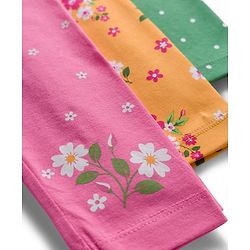 Babyhug Cotton Lycra Knit Full Length Leggings With Polka Dot & Floral Print Pack Of 3 - Pink Green & Fuschia