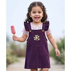 Babyhug Cotton Woven Half Sleeves T-Shirt & Frock with Floral Print - Purple