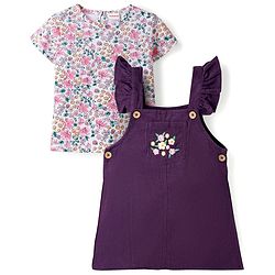 Babyhug Cotton Woven Half Sleeves T-Shirt & Frock with Floral Print - Purple