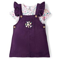Babyhug Cotton Woven Half Sleeves T-Shirt & Frock with Floral Print - Purple