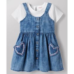 Babyhug Cotton Woven Half Sleeves Solid Colour T-Shirt & Frock with Heart Patch - Blue