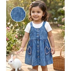 Babyhug Cotton Woven Half Sleeves Solid Colour T-Shirt & Frock with Heart Patch - Blue