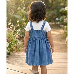 Babyhug Cotton Woven Half Sleeves Solid Colour T-Shirt & Frock with Heart Patch - Blue