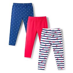 Babyhug Cotton Lycra Knit Full Length Leggings With Polka Dot Print Pack Of 3 - Blue Red & White