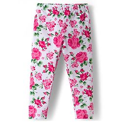 Babyhug Cotton Lycra Full Length Leggings With Floral Print Pack Of 3 - White Green & Pink
