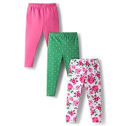 Babyhug Cotton Lycra Full Length Leggings With Floral Print Pack Of 3 - White Green & Pink