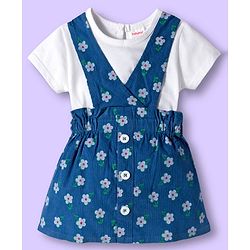 Babyhug Cotton Woven Frock & Half Sleeves Inner Tee With Floral Print - Blue & White