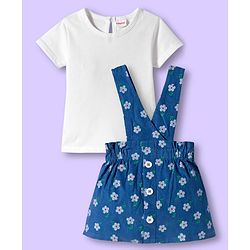 Babyhug Cotton Woven Frock & Half Sleeves Inner Tee With Floral Print - Blue & White