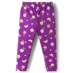 Babyhug Cotton Lycra Knit Full Length Leggings With Floral Print Pack Of 2 - Purple & Pink
