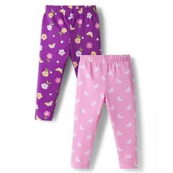 Babyhug Cotton Lycra Knit Full Length Leggings With Floral Print Pack Of 2 - Purple & Pink