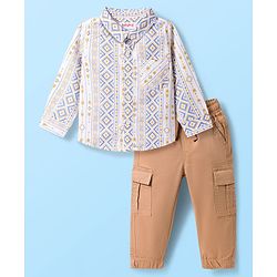 Babyhug Cotton Woven Full Sleeves Printed Shirt & Trouser Set - Beige