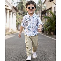 Babyhug Cotton Woven Full Sleeves Leaf Printed Shirt & Trouser Set - Beige