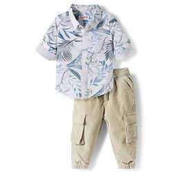 Babyhug Cotton Woven Full Sleeves Leaf Printed Shirt & Trouser Set - Beige