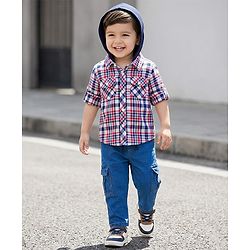 Babyhug Cotton Knit Full Sleeves Hooded Checked Shirt & Jeans Set - Red Blue & White