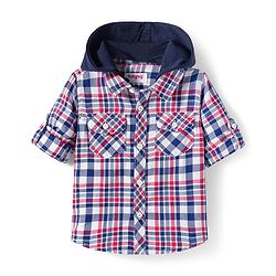 Babyhug Cotton Knit Full Sleeves Hooded Checked Shirt & Jeans Set - Red Blue & White