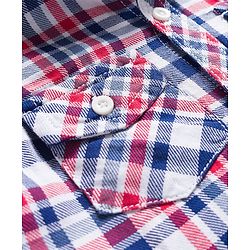 Babyhug Cotton Knit Full Sleeves Hooded Checked Shirt & Jeans Set - Red Blue & White