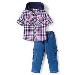 Babyhug Cotton Knit Full Sleeves Hooded Checked Shirt & Jeans Set - Red Blue & White