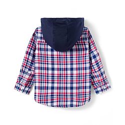 Babyhug Cotton Knit Full Sleeves Hooded Checked Shirt & Jeans Set - Red Blue & White