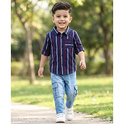 Babyhug Cotton Denim Full Sleeves Striped Shirt & Jeans Pant Set - Blue